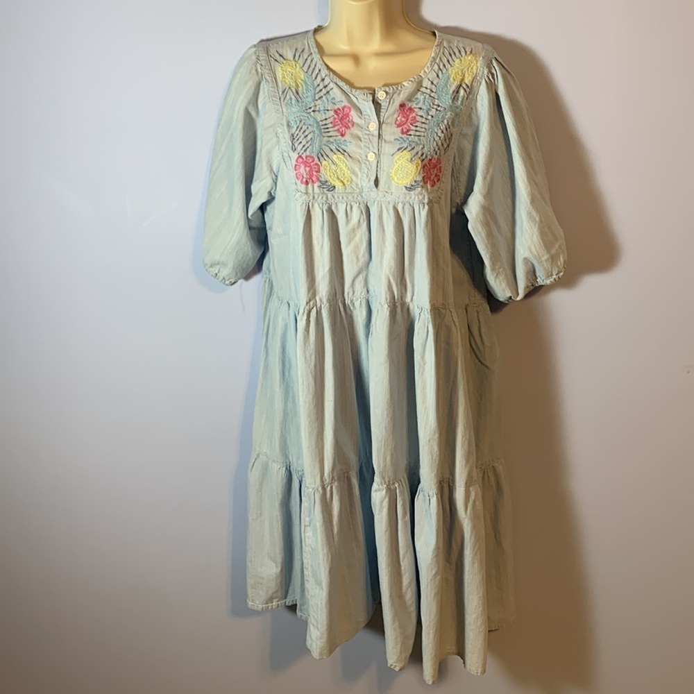 Naqui Embroidered Light Blue chambray tiered short dress Floral embroidery S